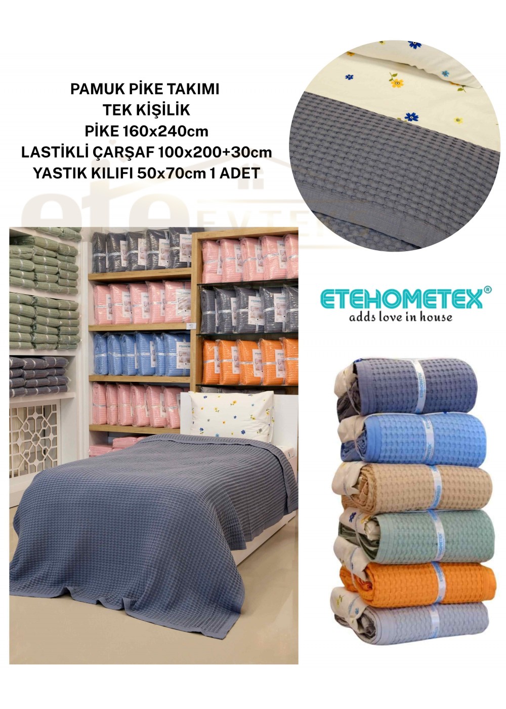 ETEHOMETEX HAVUZLU PİKE TAKIMI %100 PAMUK TEK KİŞİLİK ANTRASİT 8696474232084